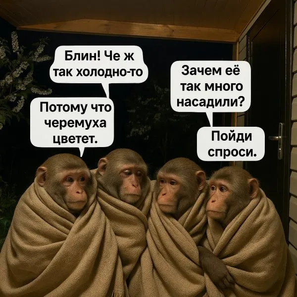 Черемуха и холод: философский разговор четырех обезьянок в пледах. Изображение из нейросети Sora Images