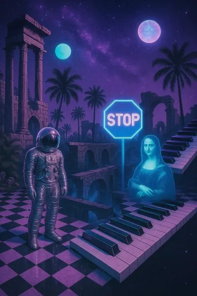 Неоновый сон: руины, космос и ностальгия по 90-м в стиле vaporwave. Нейронная сеть Sora Images
