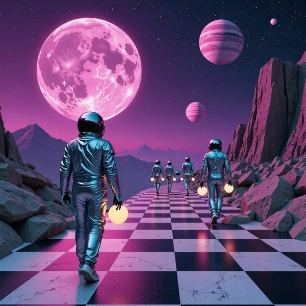 Загадочный пейзаж: инопланетная реальность в стиле vaporwave. Генерация из нейросети Flux 1