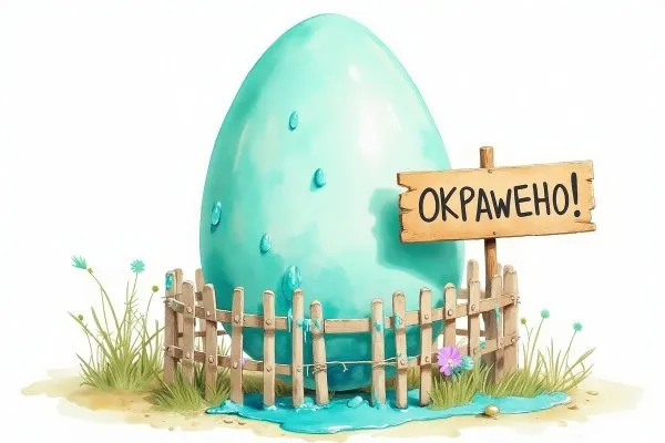 Яйцо в заборе: необычный арт-объект с надписью ОКРАWЕНО и яркими красками. Генерация из нейронной сети Flux Ai