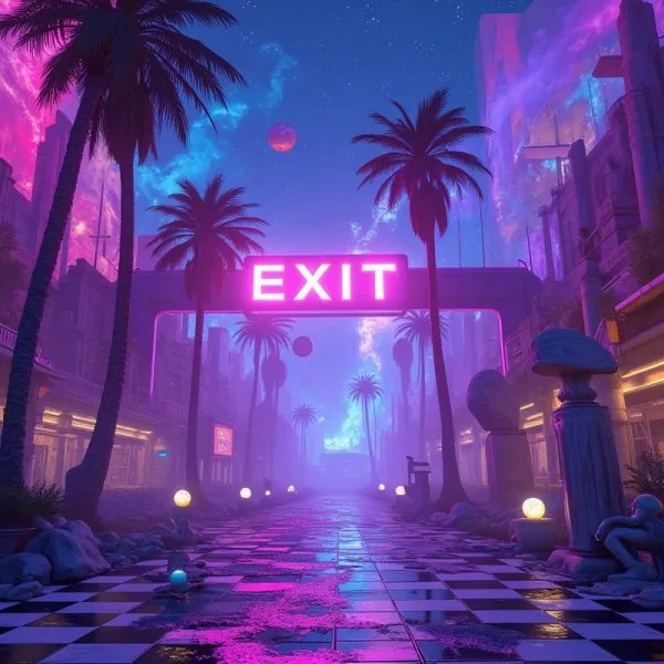 Сонный неоновый ландшафт: фантазии в стиле vaporwave и ретро-футуризм. Картинка из нейросети Flux 1