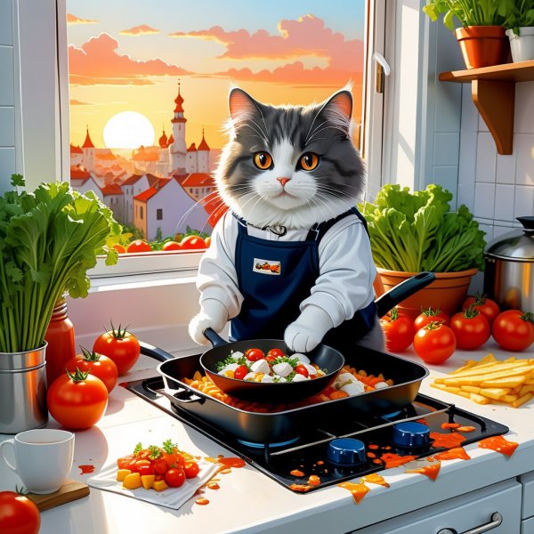 Загадочный кот-повар на закате в современной кухне. Изображение из нейронной сети Stable Diffusion
