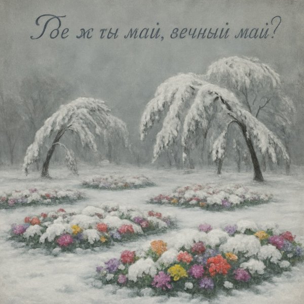Зимняя сказка: цветы под снегом и печальное небо. Генерация из нейронной сети Sora Images
