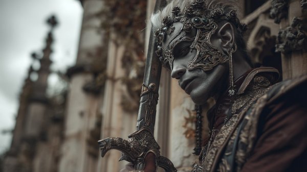 Задумчивый волшебник: мрачный фэнтези портрет на фоне древнего замка и лунного света. Генерация из нейросети Миджорни