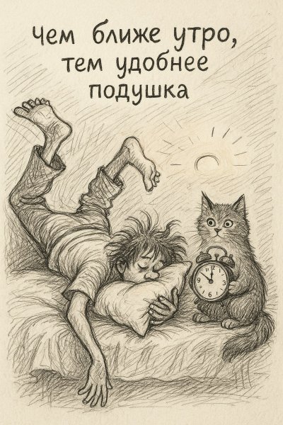 Утро и подушка: пушистый кот против сонного человека. Картинка из нейросети Sora Image