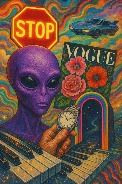 Космическая мозаика: футуристичный мир в стиле Vogue и психоделических снов. Изображение из нейросети Sora Images