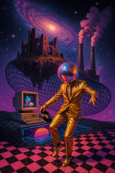 Космическая ретрофутуристическая фантазия: руины, диско и цифровой мрак. Картинка из нейросети Sora Images