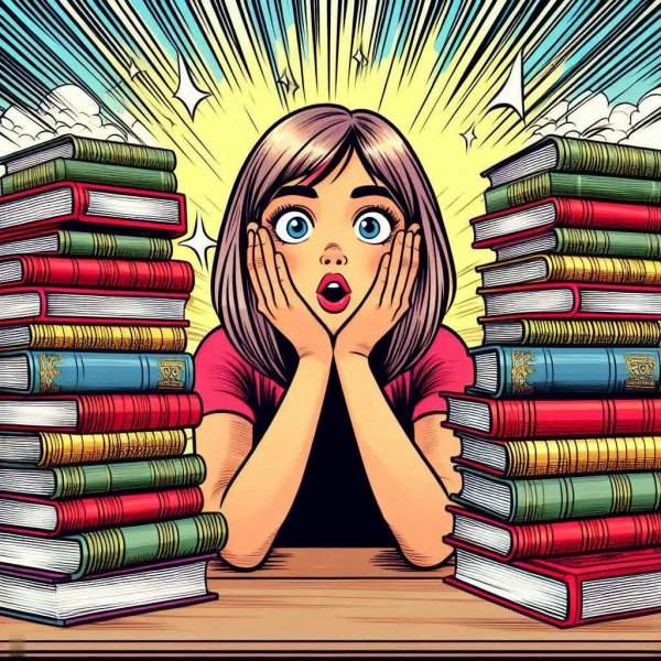Удивление среди книжных гор: забавный комикс о девушке и книгах. Нейронная сеть Dalle