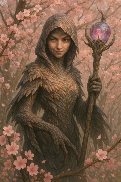 Преображение в цветущем лесу: загадочная фигура с кристаллом. Нейросеть Sora Image