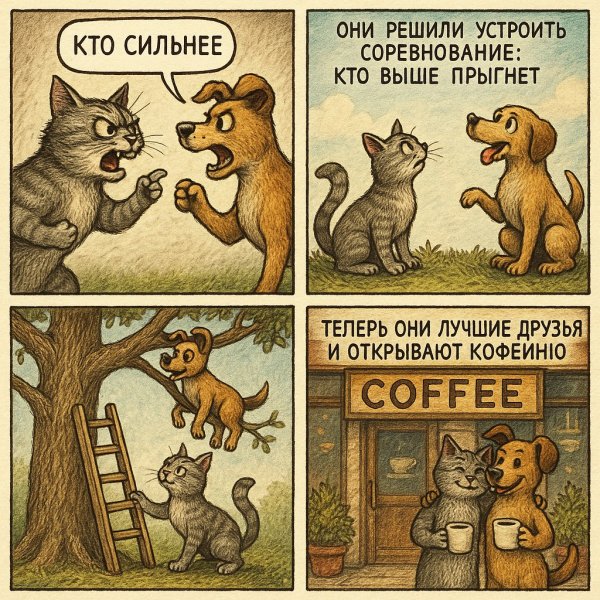 Кот, пёс и неожиданная дружба в кофейне: комикс о соперничестве. Генерация из нейронной сети Sora