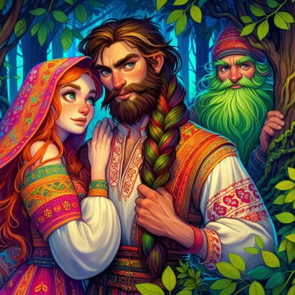 Славянская встреча: девушка, герой и лесной дух в волшебном лесу. Картинка из нейросети Dalle 3