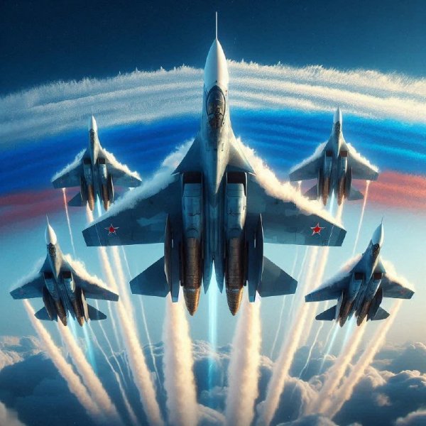 Шесть Су-57 в небесах России: мощь и реализм в формате 4K. Картинка из нейронной сети Dalle 3