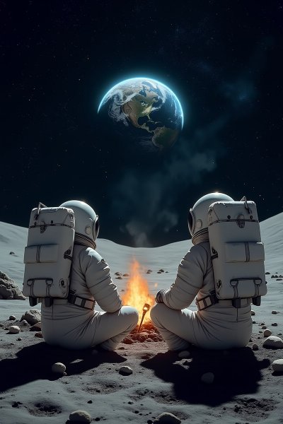 Космический костер на Луне: Встреча с Землей в звездном небе. Нейронная сеть Flux 1