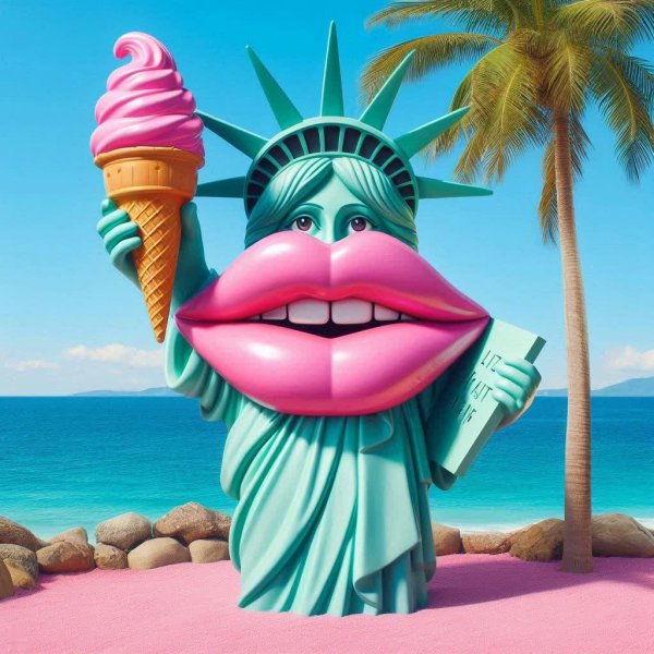 Свобода в розовом бикини: карикатурный Malibu и летнее настроение. Нейронная сеть Dalle