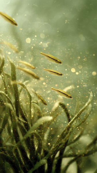 Воспоминания о золотом закате среди морских водорослей и тумана. Генерация из нейросети Midjourney