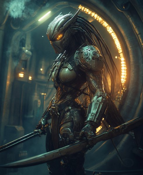 Хищница в лаборатории: мрачный концепт арта в стиле Artgerm и Rutkowski. Изображение из нейронной сети Миджорни