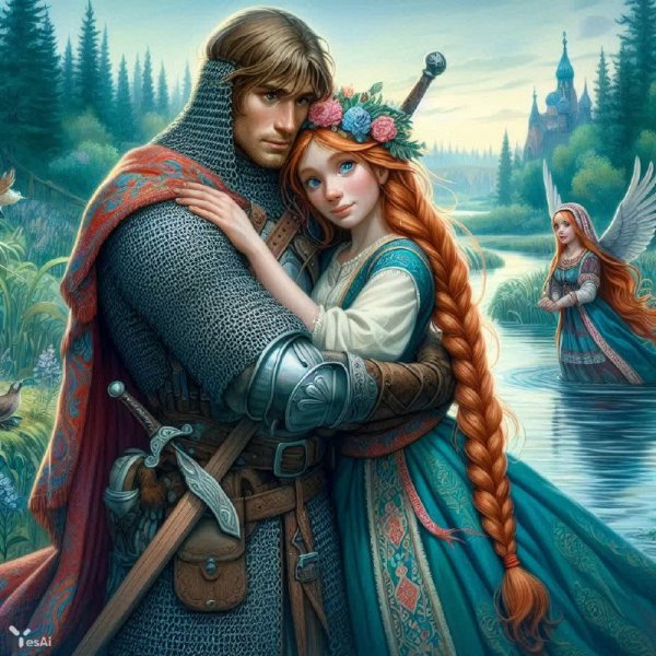 Славянская встреча у реки: дева, богатырь и русалка в ярких красках. Картинка из нейросети Dalle