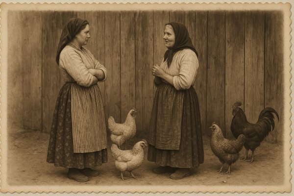 Винтажная открытка: разговор двух женщин среди кур и петухов. Генерация из нейросети Sora Ai Images