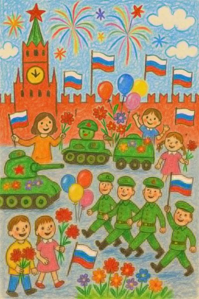 Праздничный детский рисунок: парад на Красной площади в День Победы. Нейросеть Sora Images