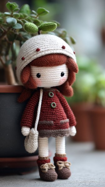 Милая кукла чиби в стиле трансylvanian folk art с вязаным телом. Изображение из нейронной сети Midjourney