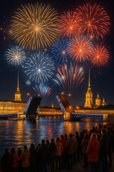 Праздничный салют над Санкт-Петербургом в День Победы: огни и эмоции. Картинка из нейросети Sora Ai Images