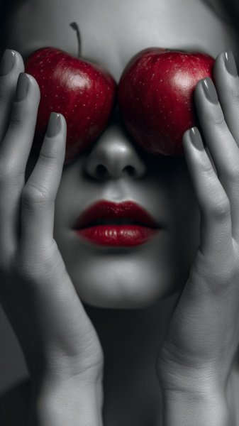 Женщина и яблоко в стиле Джеймса Бигвуда: монохромная композиция с безупречной цветокоррекцией. Картинка из нейронной сети Миджорни