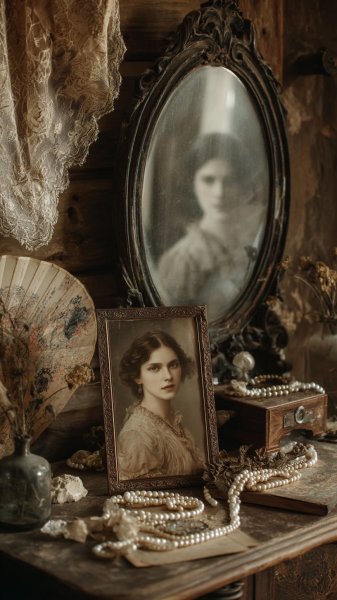 Заброшенный дом: отражение прошлого в винтажном зеркале и старинной фотографии. Картинка из нейросети Миджорни