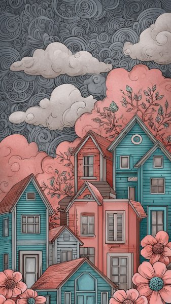 Очаровательные домики в стиле doodle с узорами зентангл: коралловая и бирюзовая сказка. Картинка из нейросети Midjourney