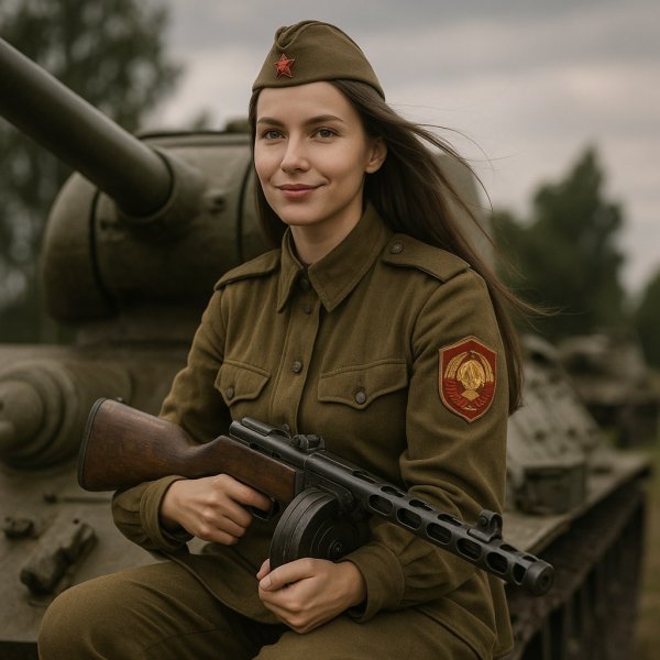 Советская рядовая: взгляд сквозь огонь войны на легендарном Т-34. Изображение из нейронной сети Sora