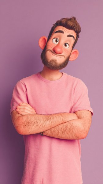 Игривый персонаж в розовом стиле мультфильма с мягким фиолетовым фоном. Нейросеть Midjourney
