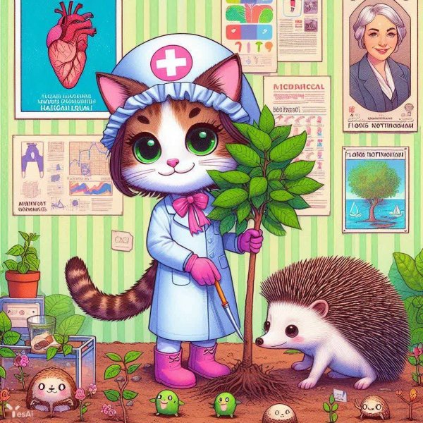 Необычный дуэт сажает дерево: кошка-медсестра и ёжик-эколог. Генерация из нейронной сети Dalle 3