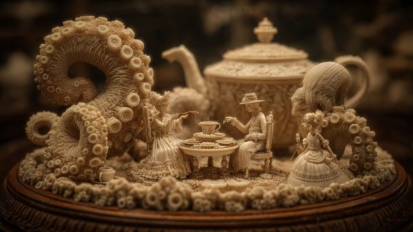 Неожиданная находка гигантского кальмара: чайный сервиз эпохи Виктории в жерле вулкана. Картинка из нейросети Midjourney