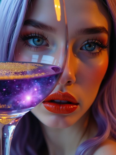Космическая красота: портрет в винном галактическом стекле. Генерация из нейросети Flux