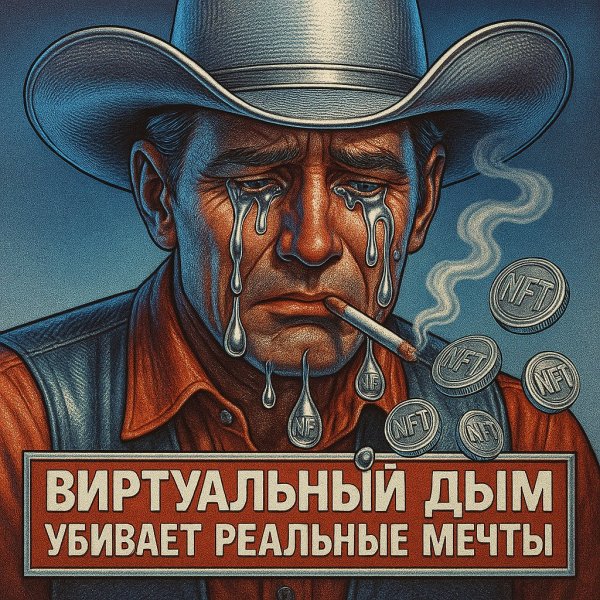 Ковбой, NFT и критика потребления: ретро-футуристическая провокация. Картинка из нейросети Sora images Ai