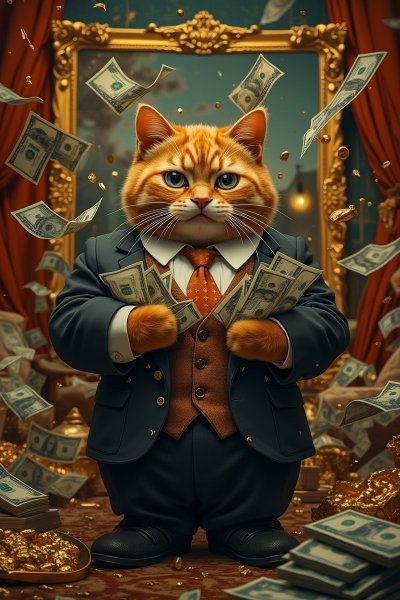 Кошачий буржуй: роскошь, золото и дерзкий взгляд на богатство. Генерация из нейросети Flux 1