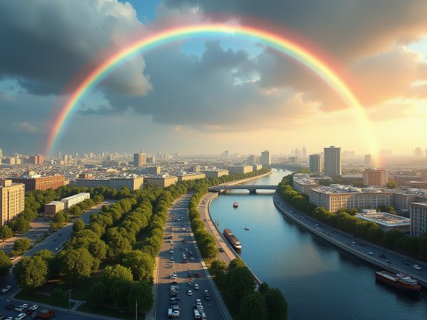 Московский пейзаж: радуга над городом и золотые блики солнца. Генерация из нейронной сети Flux Ai