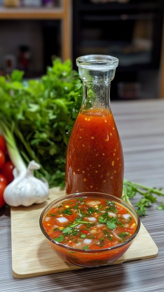 Острый соус для шашлыка: рецепт с перцем и зеленью, который покорит ваши вкусовые рецепторы!. Изображение из нейронной сети Midjourney
