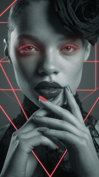 Неоновые глаза и черная роза: портрет раздвоенной души в геометрическом танце чувств. Генерация из нейросети Midjourney
