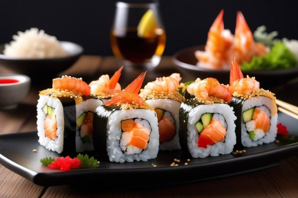 Роллы с лососем и морепродуктами: изысканный вкус и утонченная подача. Изображение из нейронной сети Stable Diffusion