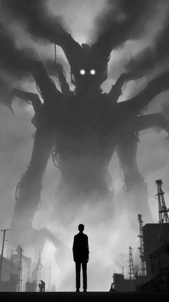 Скрытая угроза в индустриальном пейзаже и призрачном свете. Генерация из нейронной сети Midjourney