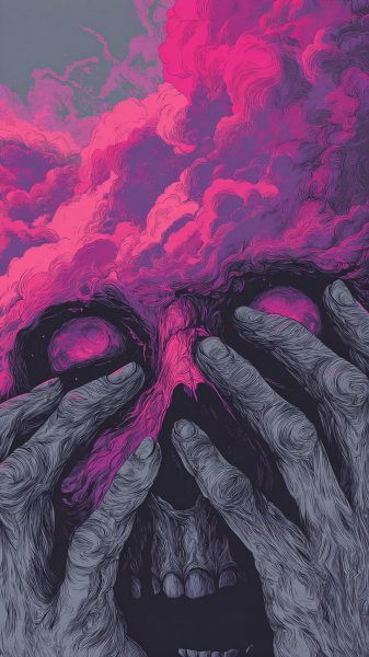 Руки скрывают взгляд: танец облаков в розовом свете и серая глубина. Картинка из нейросети Midjourney