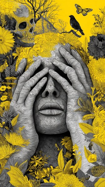 Скрытое лицо в золотом свете: современная интерпретация черепа. Изображение из нейронной сети Midjourney