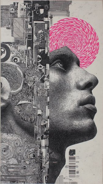 Лицо в полосах и спиралях: симбиоз человека и индустрии. Изображение из нейронной сети Миджорни