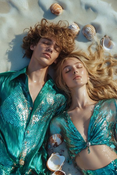 Мерцающие чешуйки русалки на пляже: высокая мода в стиле Vogue. Генерация из нейросети Midjourney