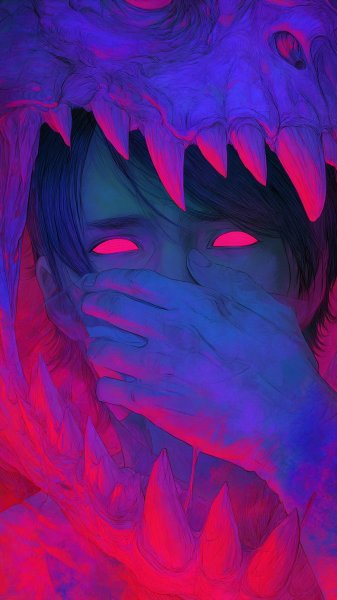 Лицо в тени: Неоновый взгляд и угроза тьмы. Изображение из нейронной сети Midjourney