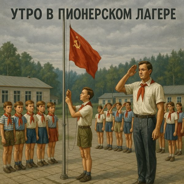 Воспоминания о советском детстве: пионерская смена и поднятие флага над лагерем. Генерация из нейронной сети Sora Images