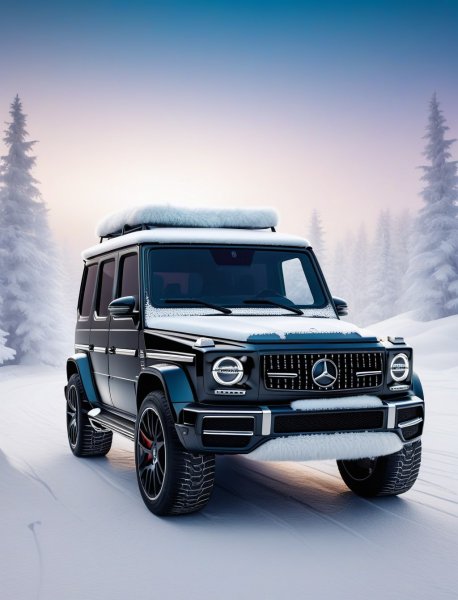 Облачный G63 AMG: сюрреалистичная роскошь на фоне снега. Изображение из нейронной сети Stable Diffusion