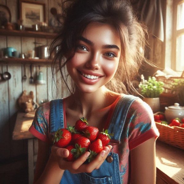 Улыбка и клубника: уютное утро в домашней кухне. Генерация из нейросети Dalle 3
