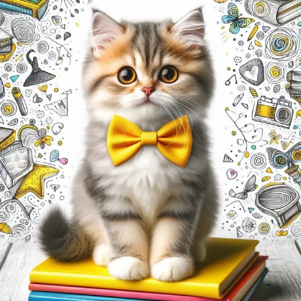 Котенок в бантике среди книг: очарование и любопытство в деталях. Нейронная сеть Dalle