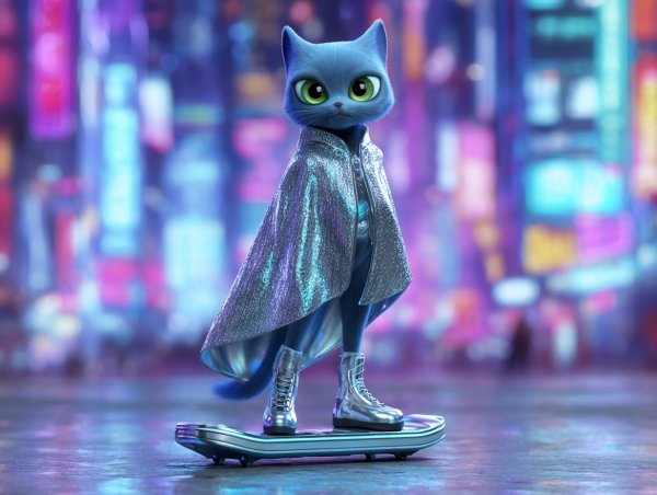 Кошачий гламур будущего: футуристический кот на ховерборде в неоновом городе. Нейронная сеть Миджорни